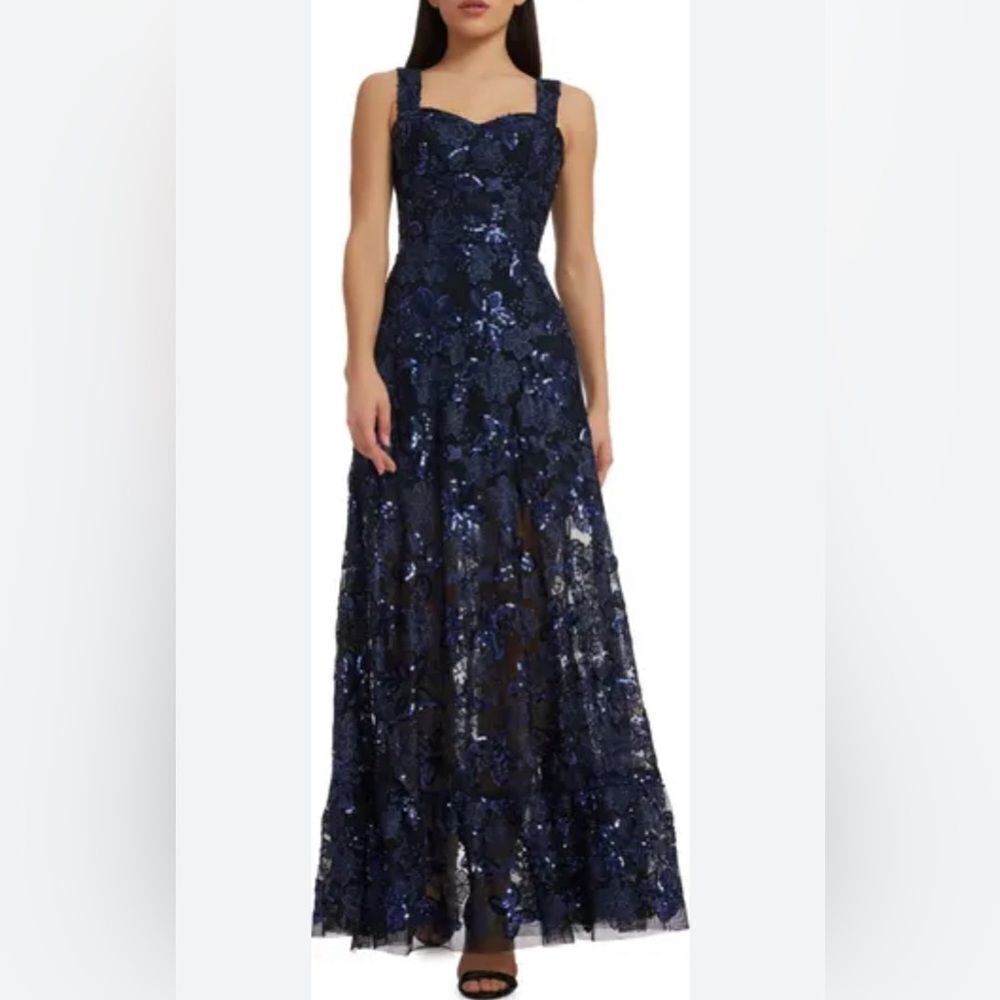Dress the‎ population anabel floral sequin gown navy small new prom maxi event